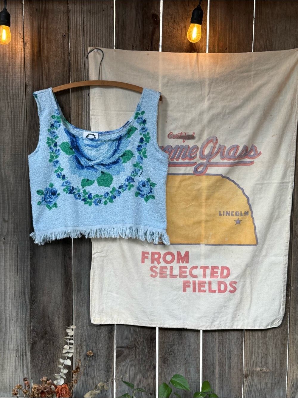 Handmade vintage towel Blue Floral Fringed Tank Top -